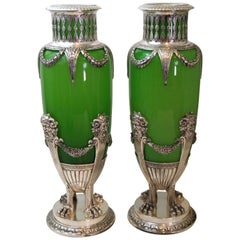 Pair of French Opaline Glass and Silver Mounted Vases