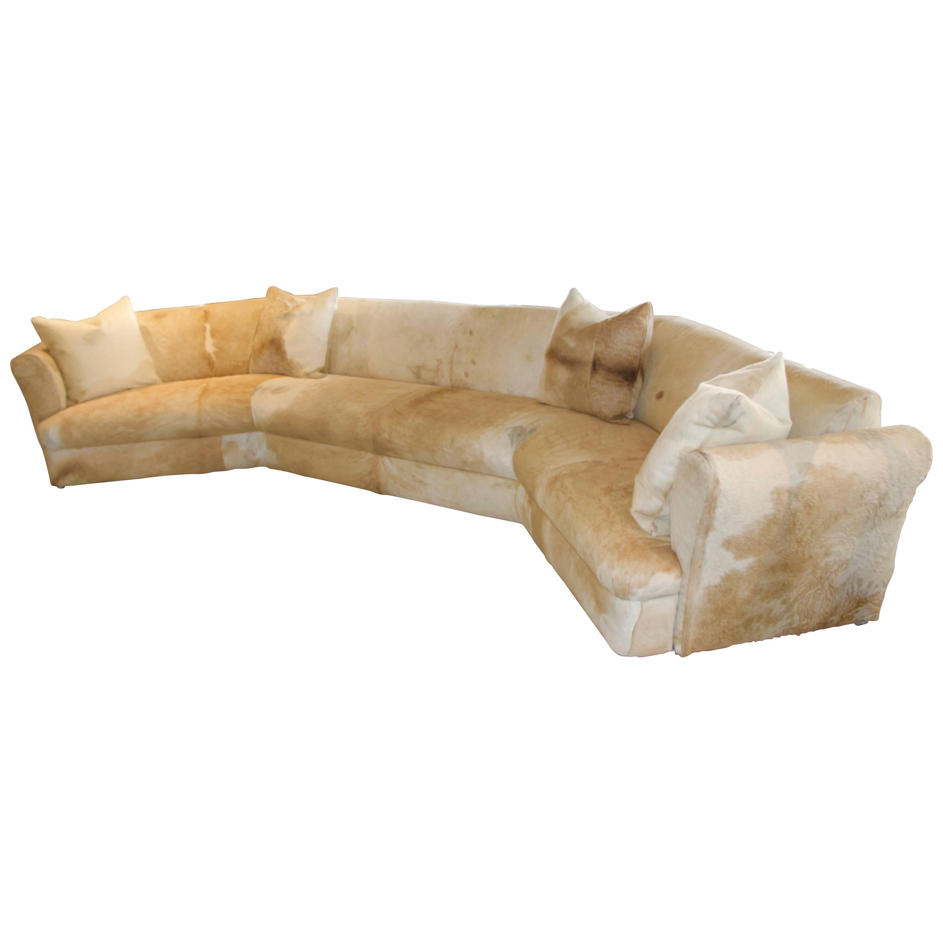 Steve Chase Attributed Cowhide Covered Curved Sofa, Pond Estate of Palm Springs