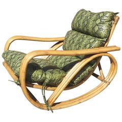 Rare Restored Pretzel Arm Rattan Rocking Chair with Faux Snakeskin Cushions