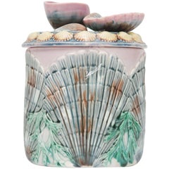 Pot à couvercle en majolique étrusque du 19e siècle avec coquillages et algues marines