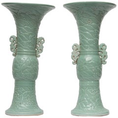 Pair of Chinese Celadon Trumpet Urns