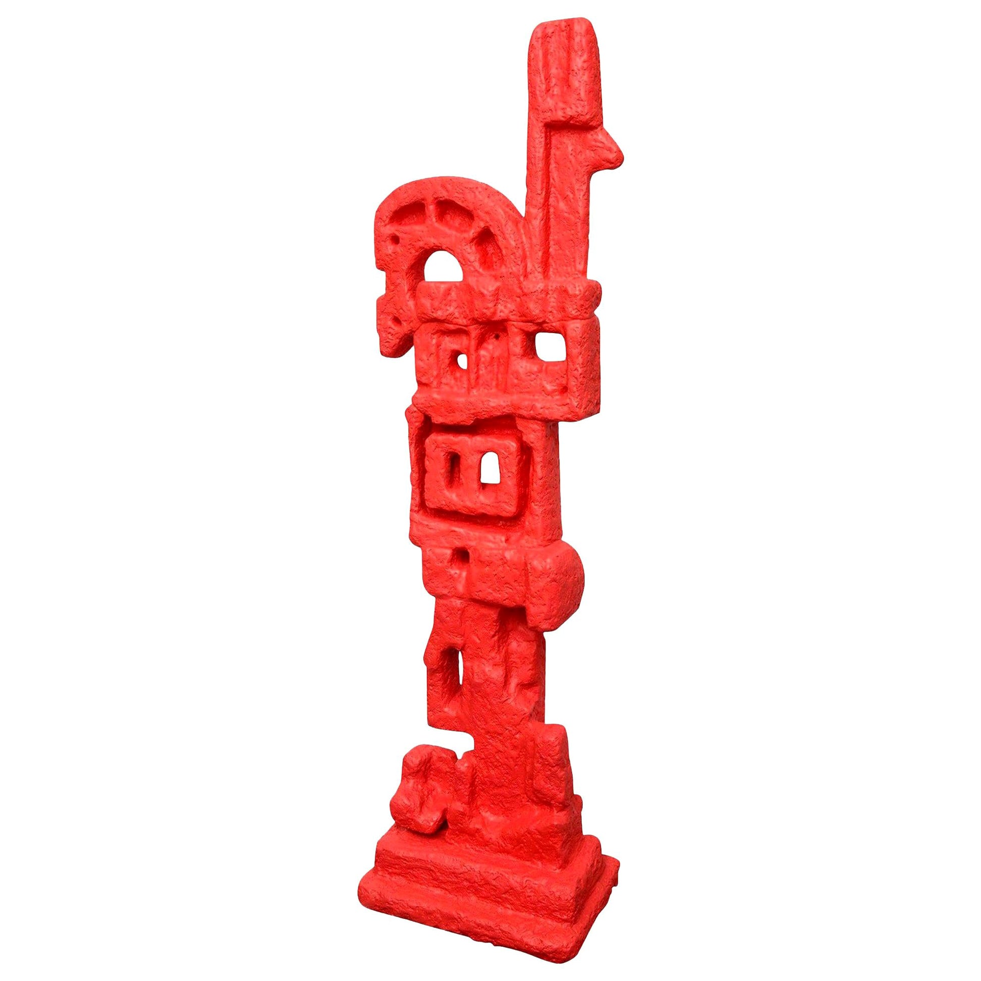 Plaster of Paris and Resin Red Abstract Totem Floor Indoor Sculpture For Sale