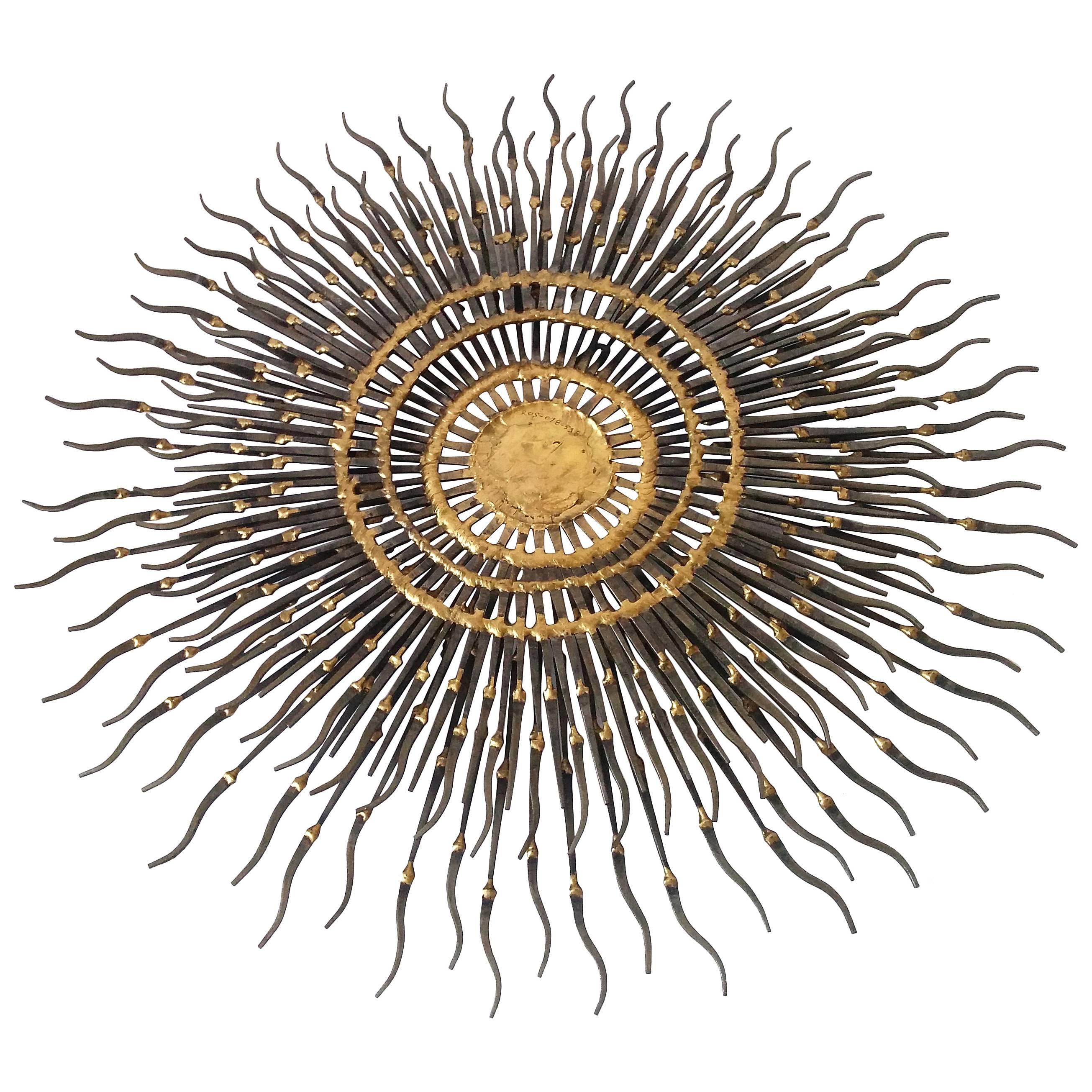 Sunburst Wall Art Made of Cut Nail and Brass Welding by Bela , 1970s 