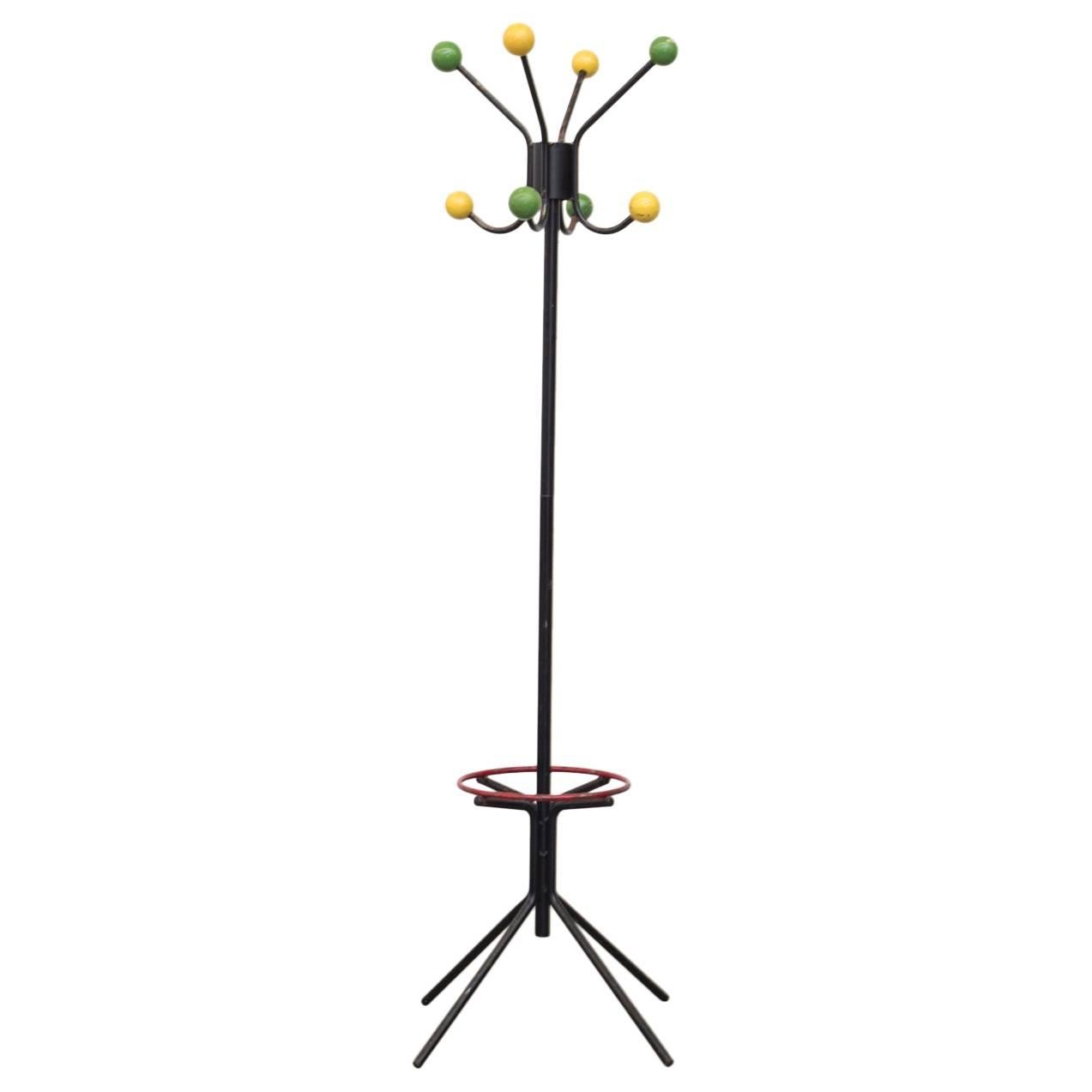 French Style 1950s Coat Rack with Colored Wood Ball Hooks
