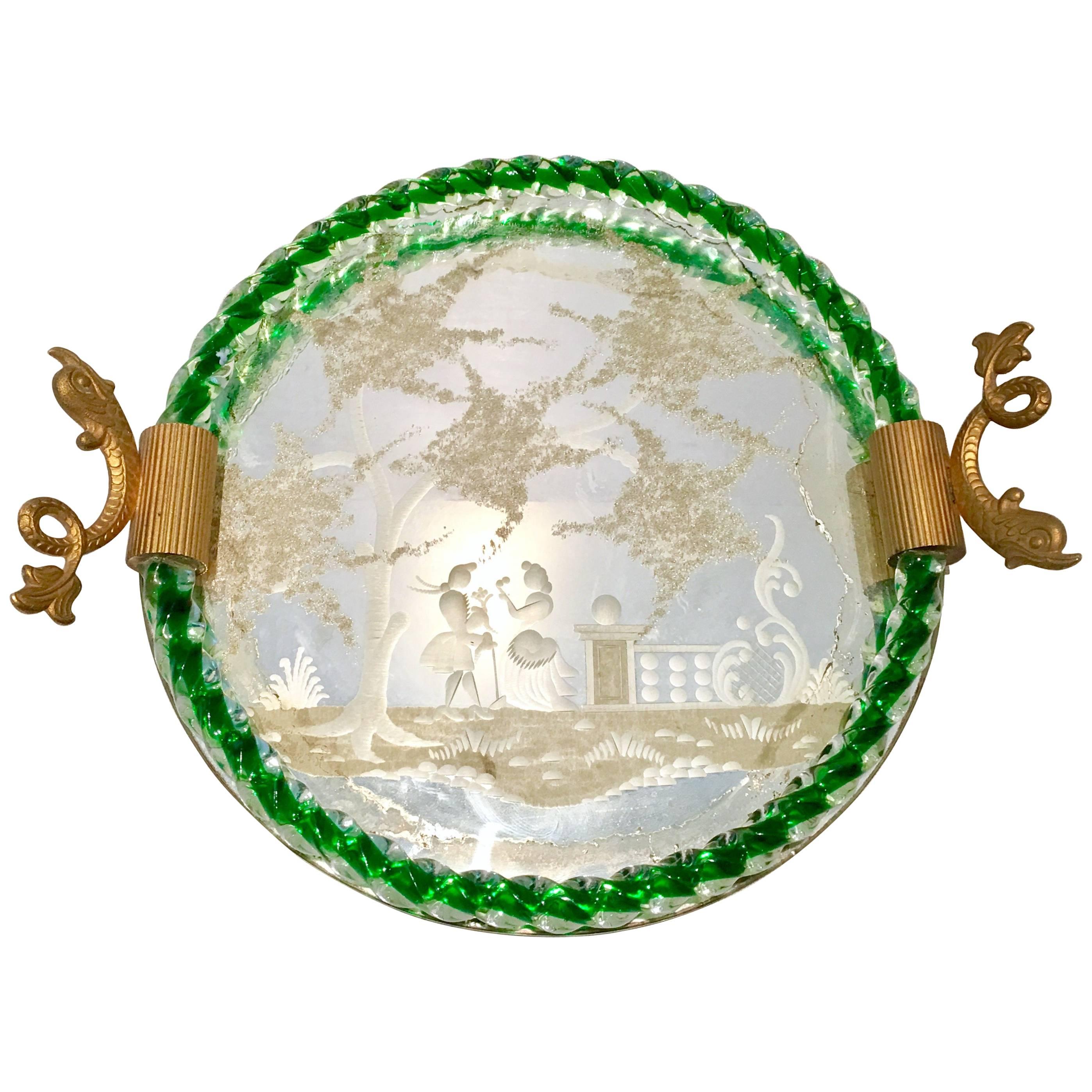 Venetian Etched Mirror and Emerald Murano Glass Rope Gilt Dolphin Handle Tray