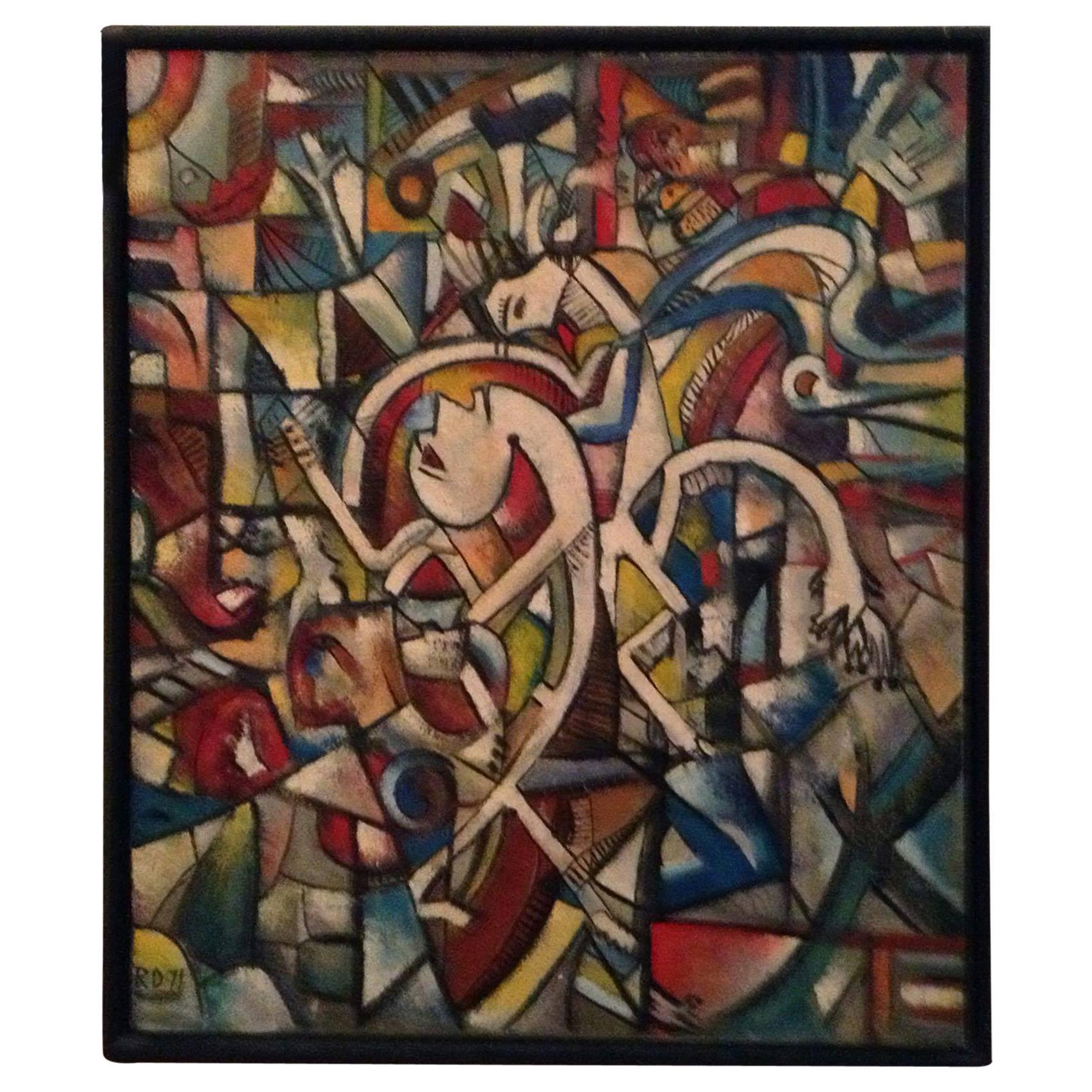Cubist Surrealist Oil on Canvas Painting, Signed and Dated, RD 1971