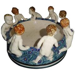 Fine Antique Cherubs Putten Blau Porzellanschale:: 15 Zoll Durchmesser