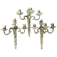 Trio of Three-Arm Neoclassical French Wall Sconces with Later Paint Finish