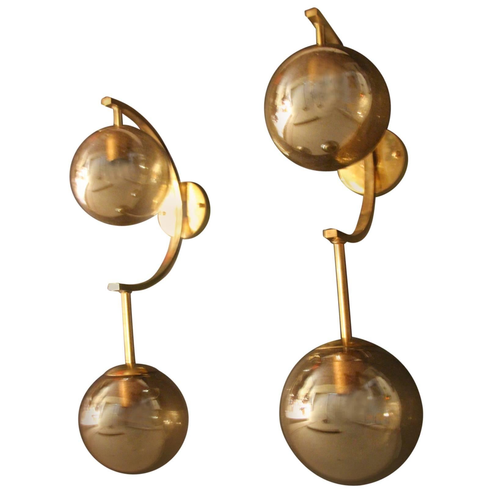 Italian Modern Mid-Century Pair of Brass and Golden Murano Glass
