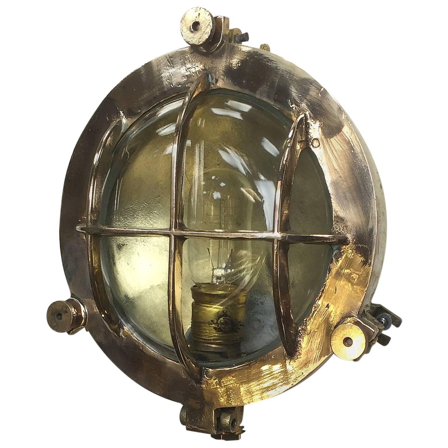 Mid-Century Circular Industrial Bronze and Brass Wall Light with Glass Dome