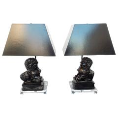 Antique Black Onyx Foo-Dog on Lucite Lamps Chinoiserie Pair 5