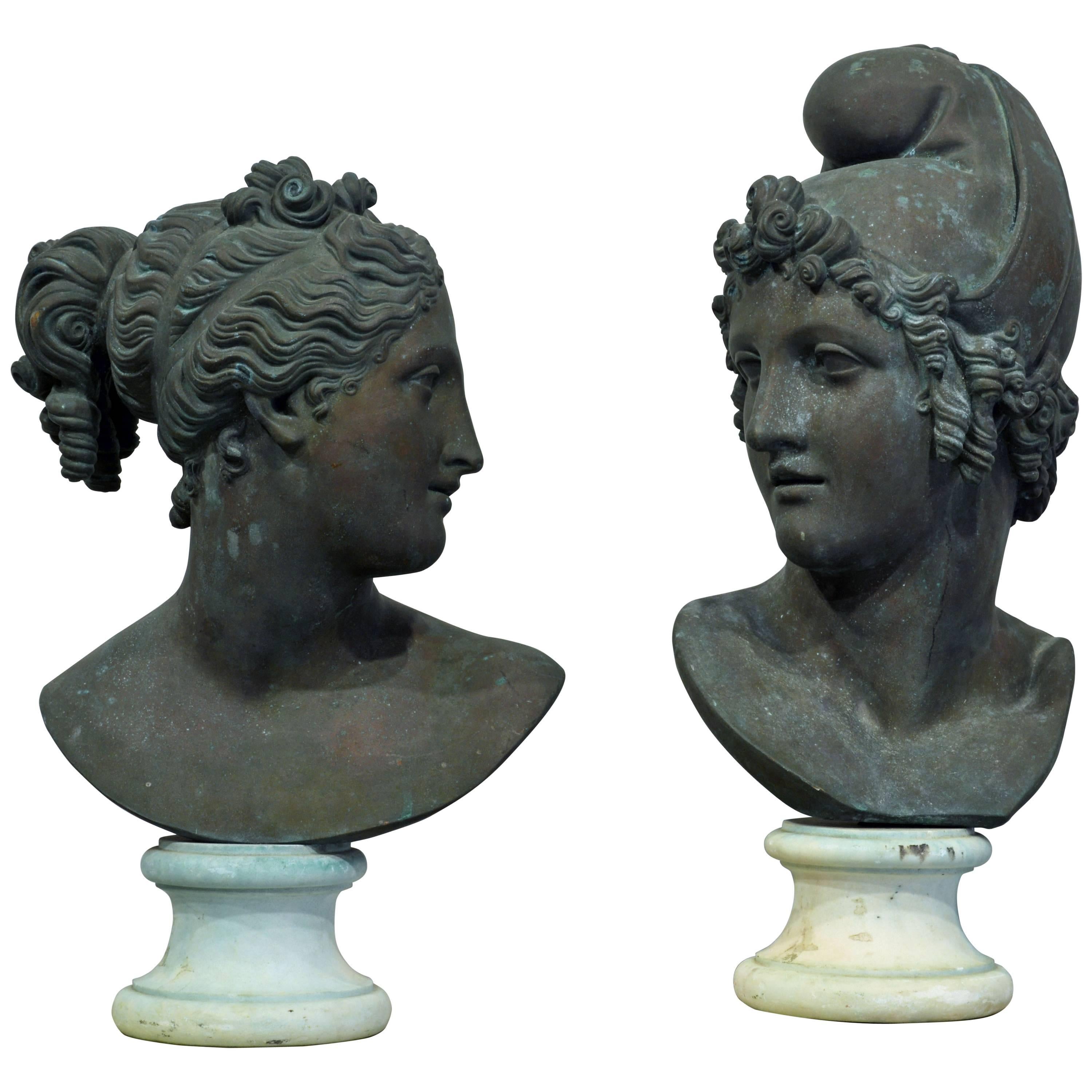 Pair of 19th Century Italian Neoclassical Bronze Busts of Ganymede and Hebe
