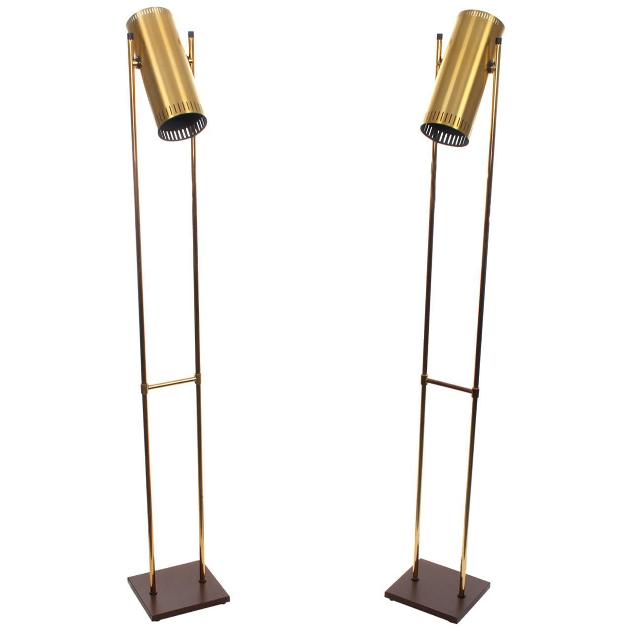 Trombone Pair of Brass Floor Lamps, Jo Hammerborg, 1966, Rare Floor Light Pair