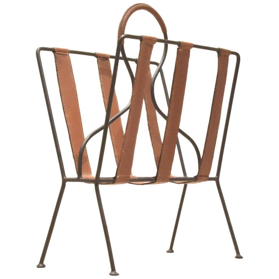 French Mid-Century Design, Jacques Adnet Brown Leather and Metal Magazine Rack