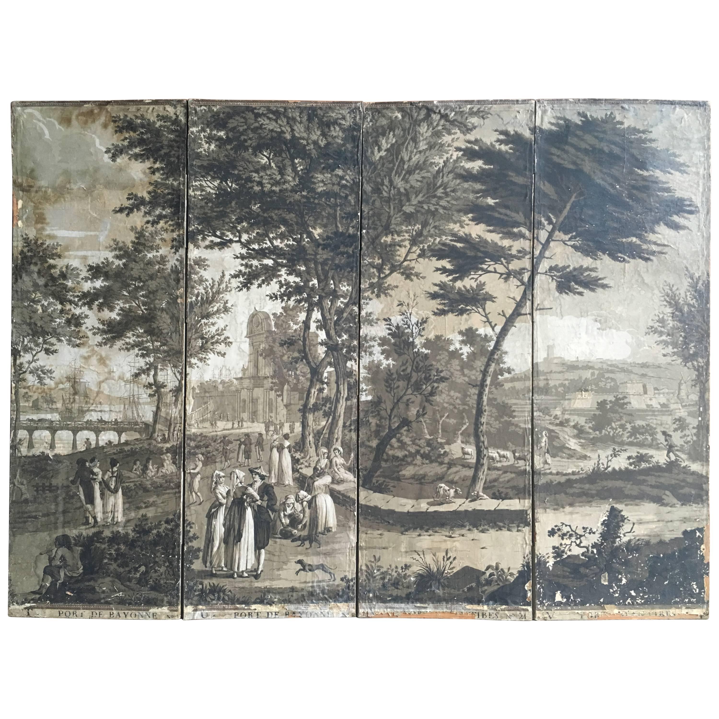 Rare Four Panel French Grisaille Wallpaper Screen, circa 1810
