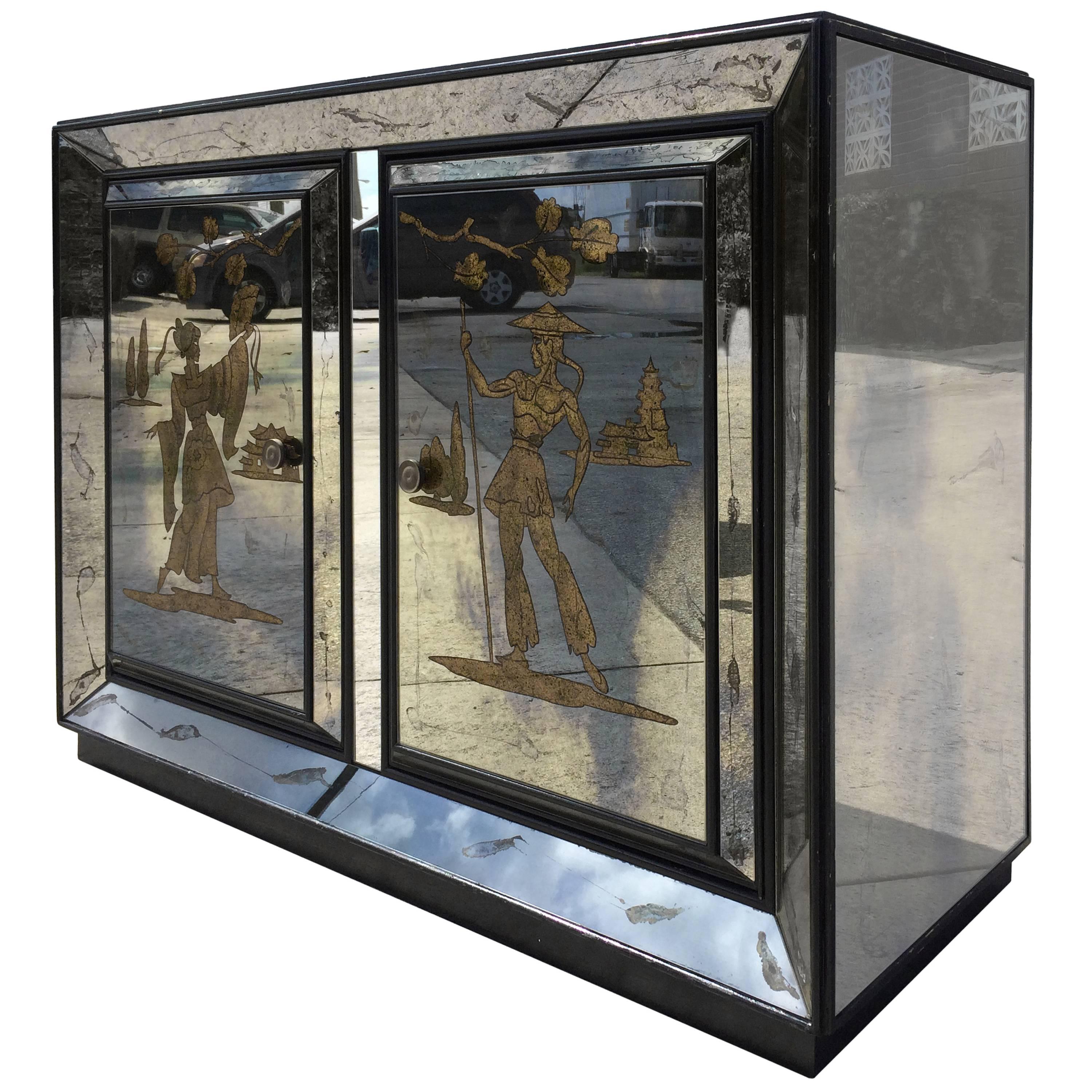 Very Unusual Mirrored Cabinet with Golden Asian Decor, USA, 1940s