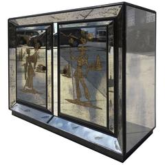 Very Unusual Mirrored Cabinet with Golden Asian Decor, USA, 1940s 11