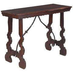 Spanish Pine Console Table with Iron Stretcher, Late 1800s