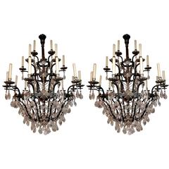 Magnificent Pair of Large Twenty-One-Light Crystal Chandeliers