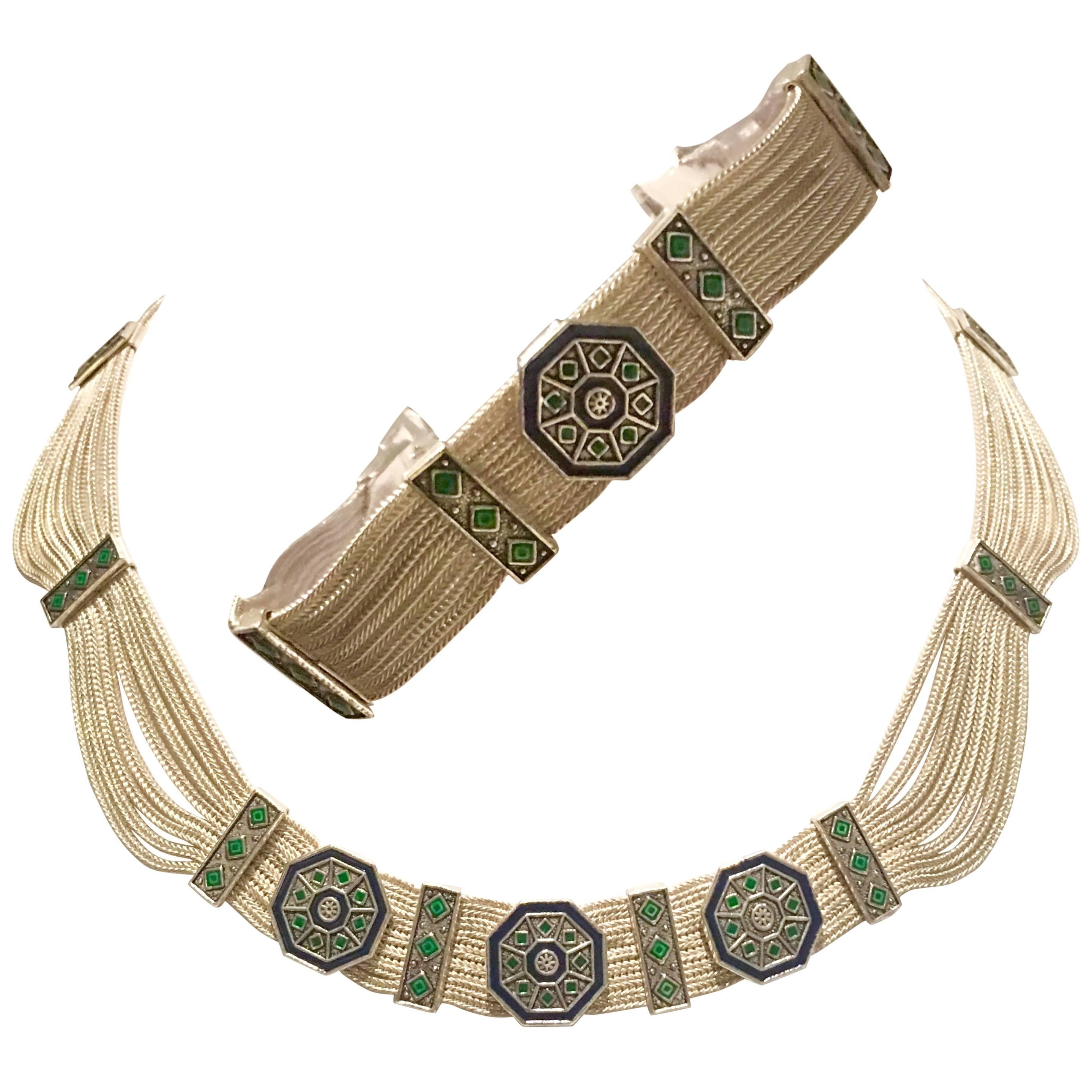 Collier et bracelet turc à motif Art déco en argent sterling et émail