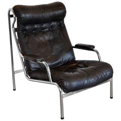 High Back Black Leather & Chrome Lounge Chair Attributed to Arne Norell c. 1970 9