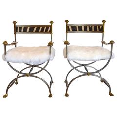 Campaign Chairs of Steel and Brass with Zebra and Sheepskin:  Jansen Style