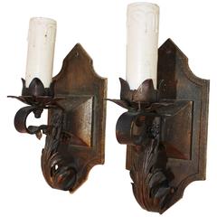 Beautiful Pair of 1920s Cast Iron and Wrought Iron Sconces