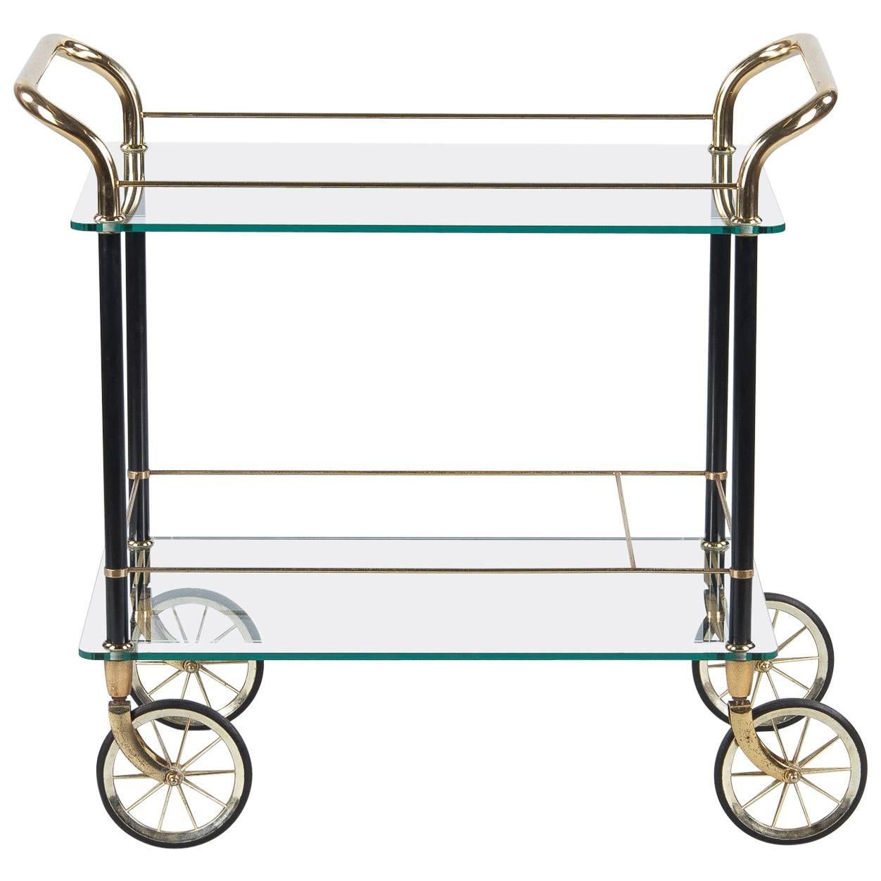 Vintage Spanish Brass and Glass Bar Cart, 1980s