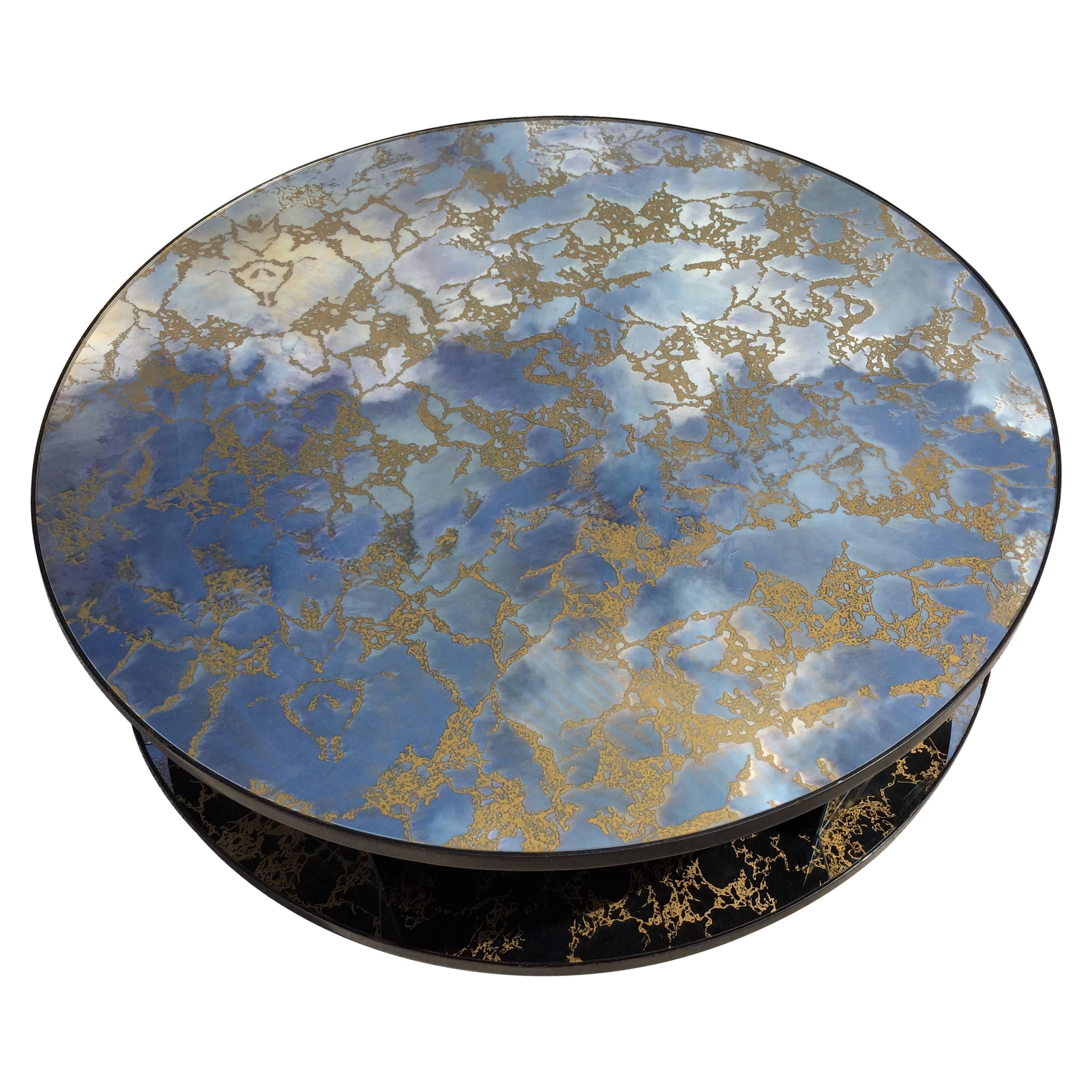 Rotating Two-Tiered Mirrored Coffee Table Gold Vein, USA, 1940s