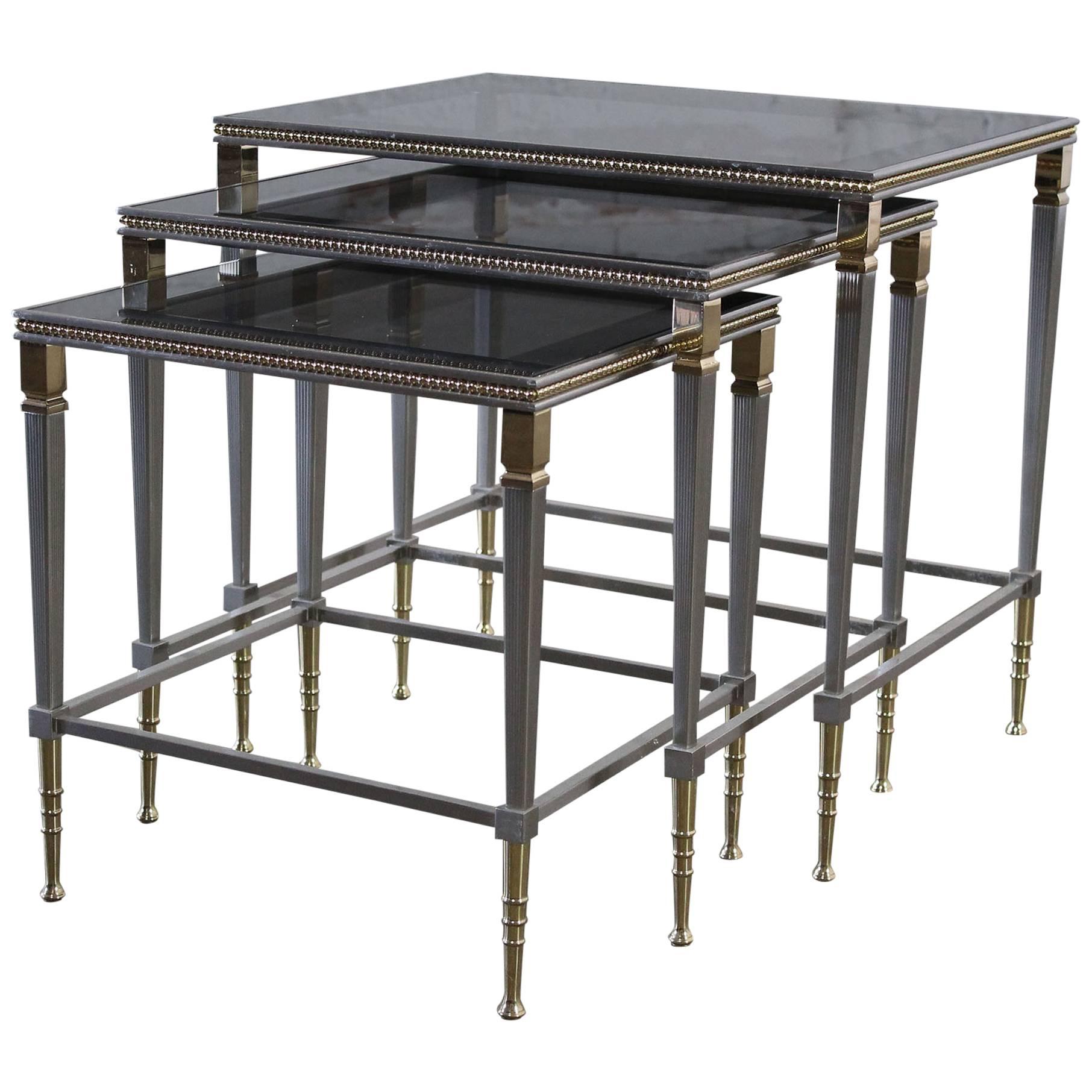 Brass and Stainless Nesting Tables with Mirror Edged Glass Tops