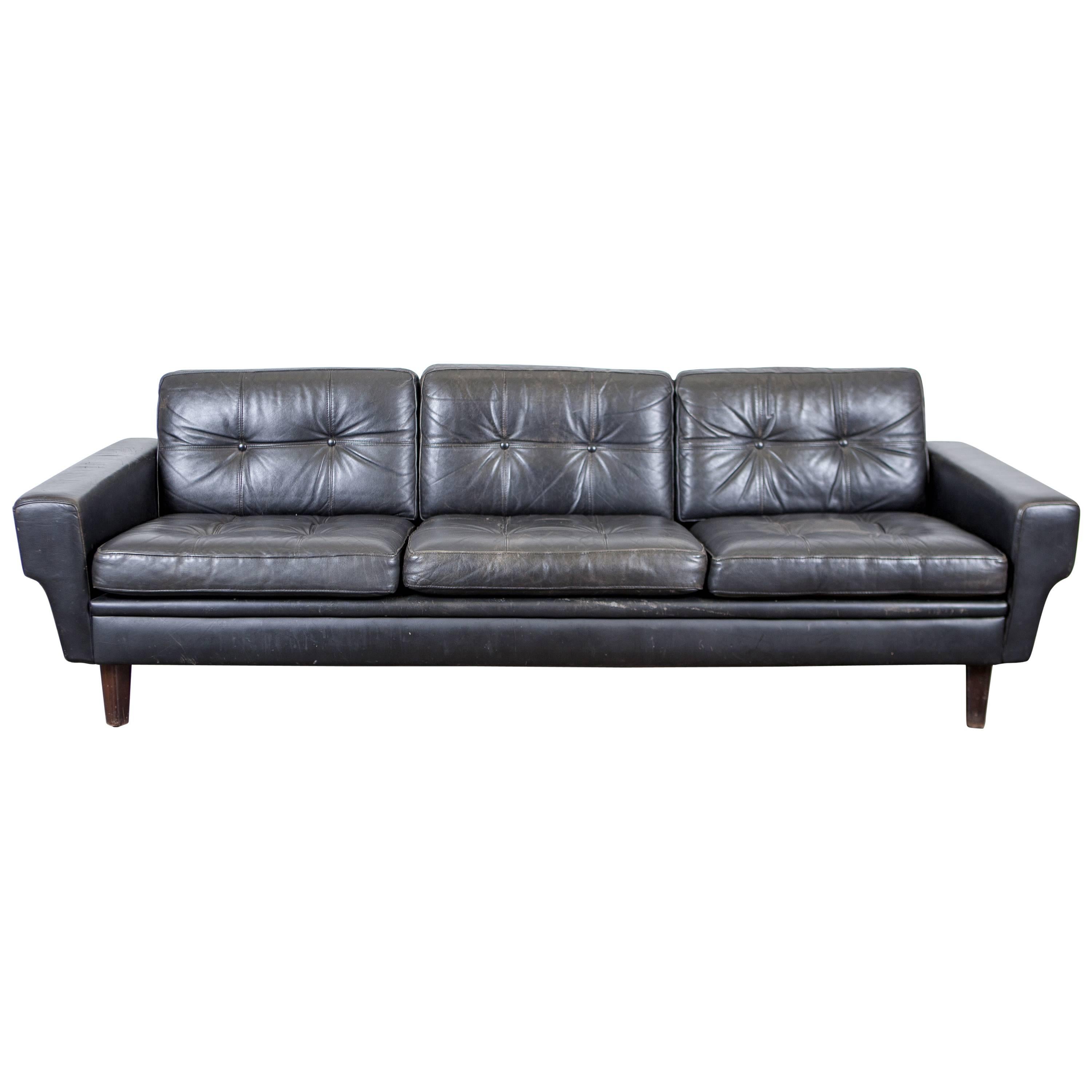 Danish Mid-Century Black Leather Sofa