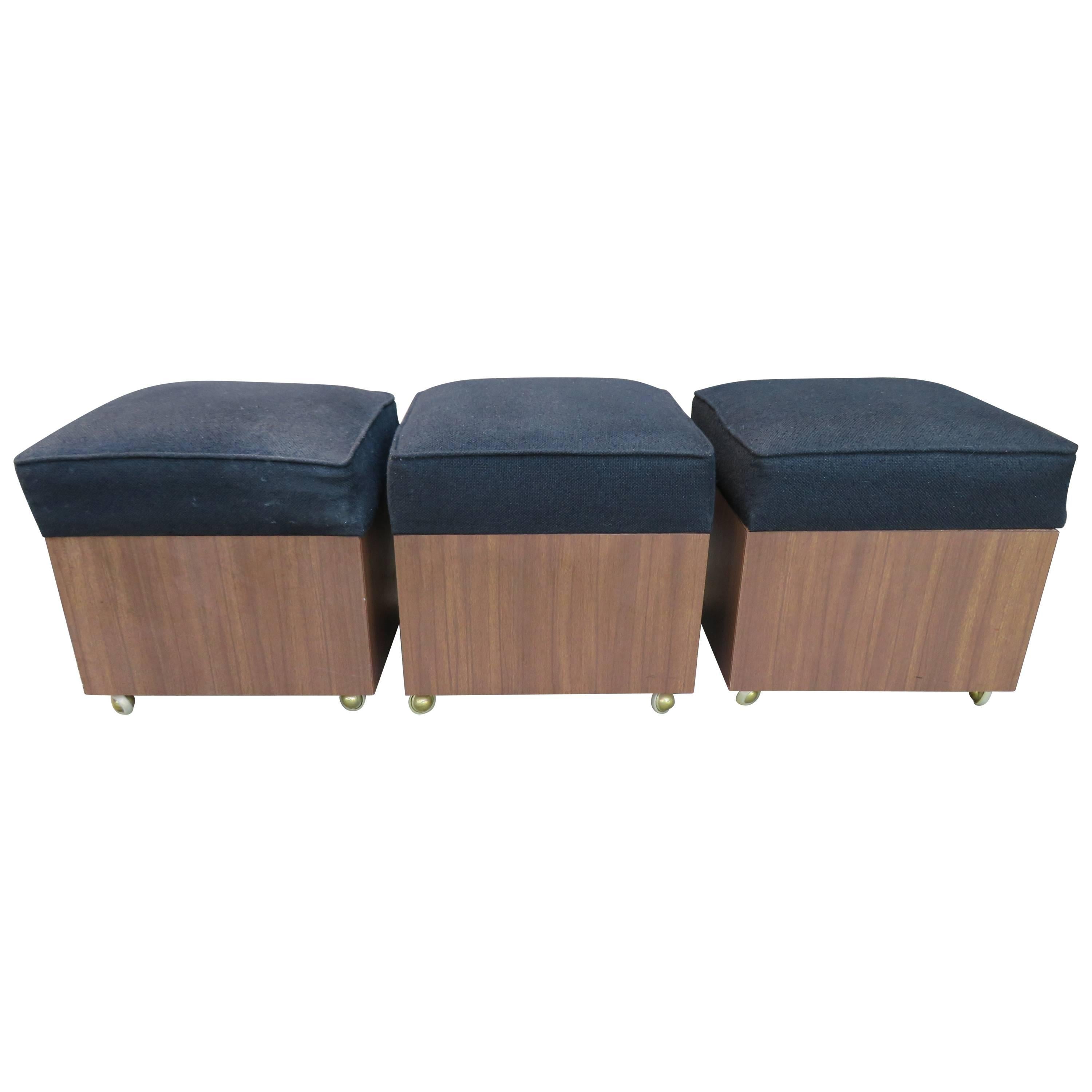 Lovely Set of Three Rolling Storage Cube Stools, Mid-Century Modern For Sale