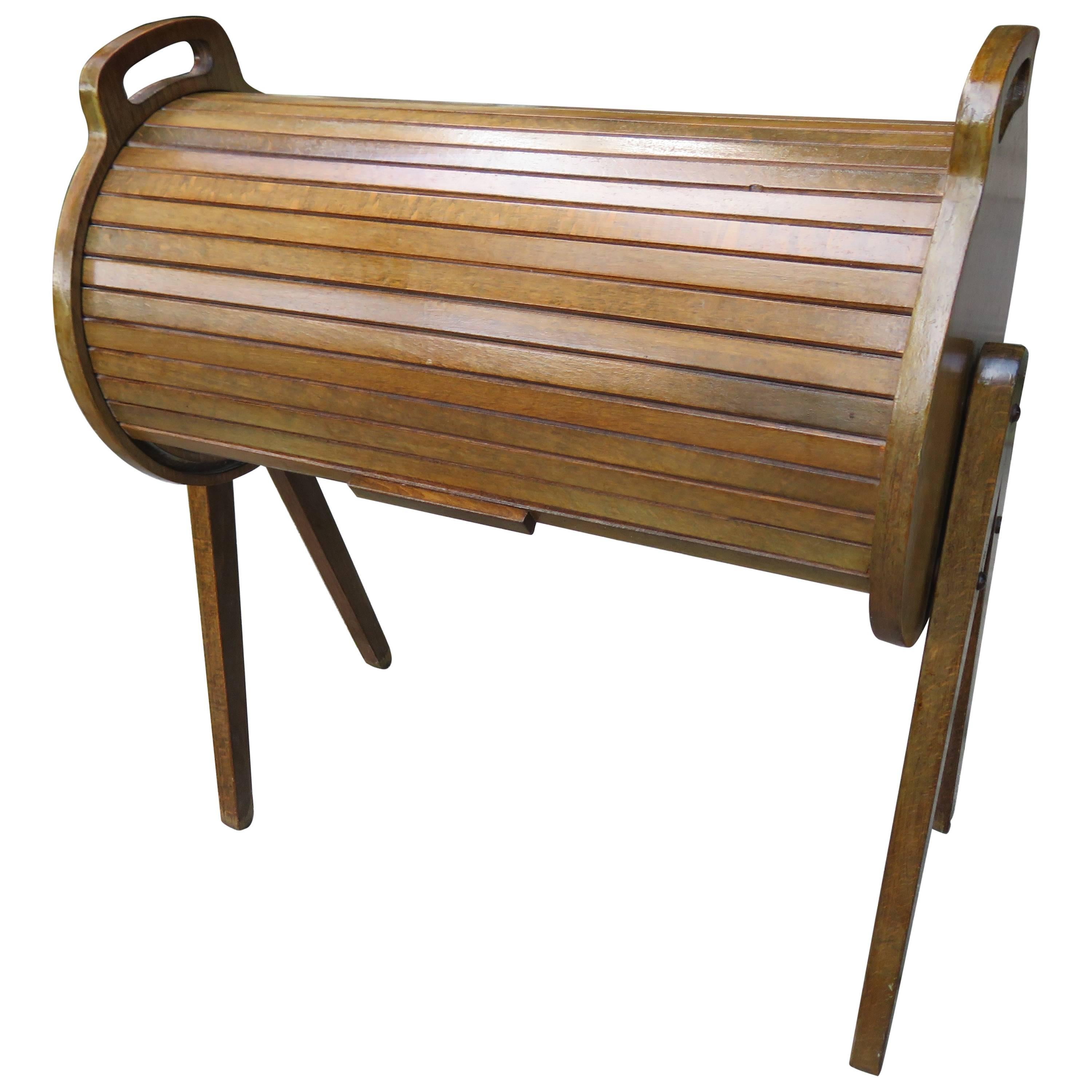 Wonderful Danish Modern Teak Cylindrical Roll Top Sewing Caddy Basket