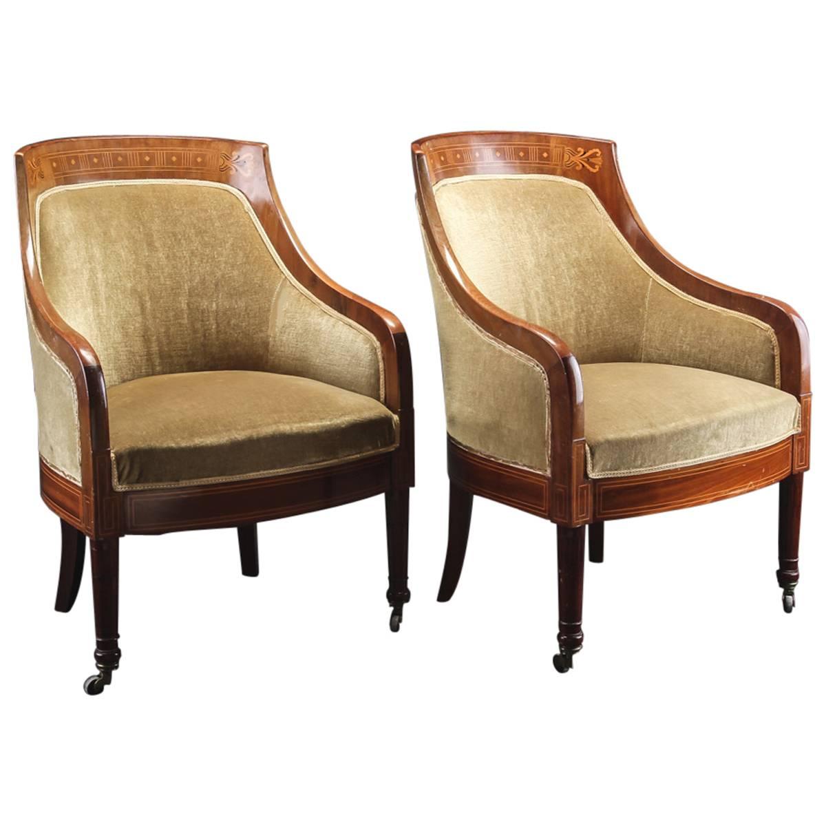 Pair of Swedish Mahogany Art Deco Bergere Chairs with Marquetry Inlay