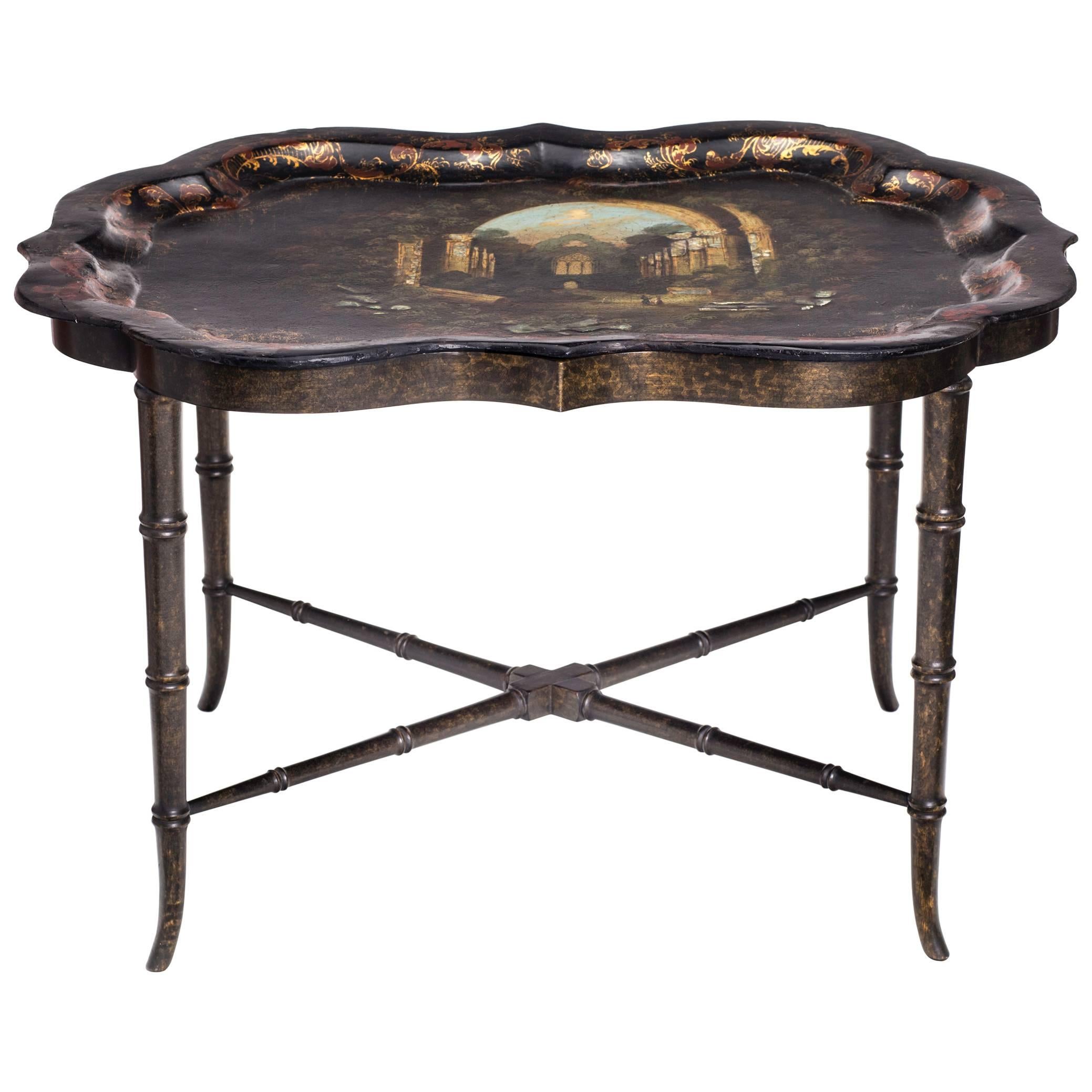 19th century Victorian tray table with exquisite mother-of-pearl inlay work.
Scalloped edge tray, separates from the base. Wood base is probably newer, but follows the shape and is beautifully hand made. There are few historical repairs on the