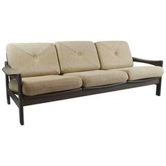 1970s Danish Stained Beech Frame Three-Seat Sofa with Original Oatmeal Cushions