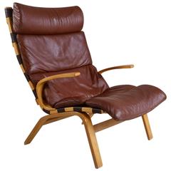 Farstrup Danish 1970s Mid-Century High Backed Leather and Beech Lounge Chair