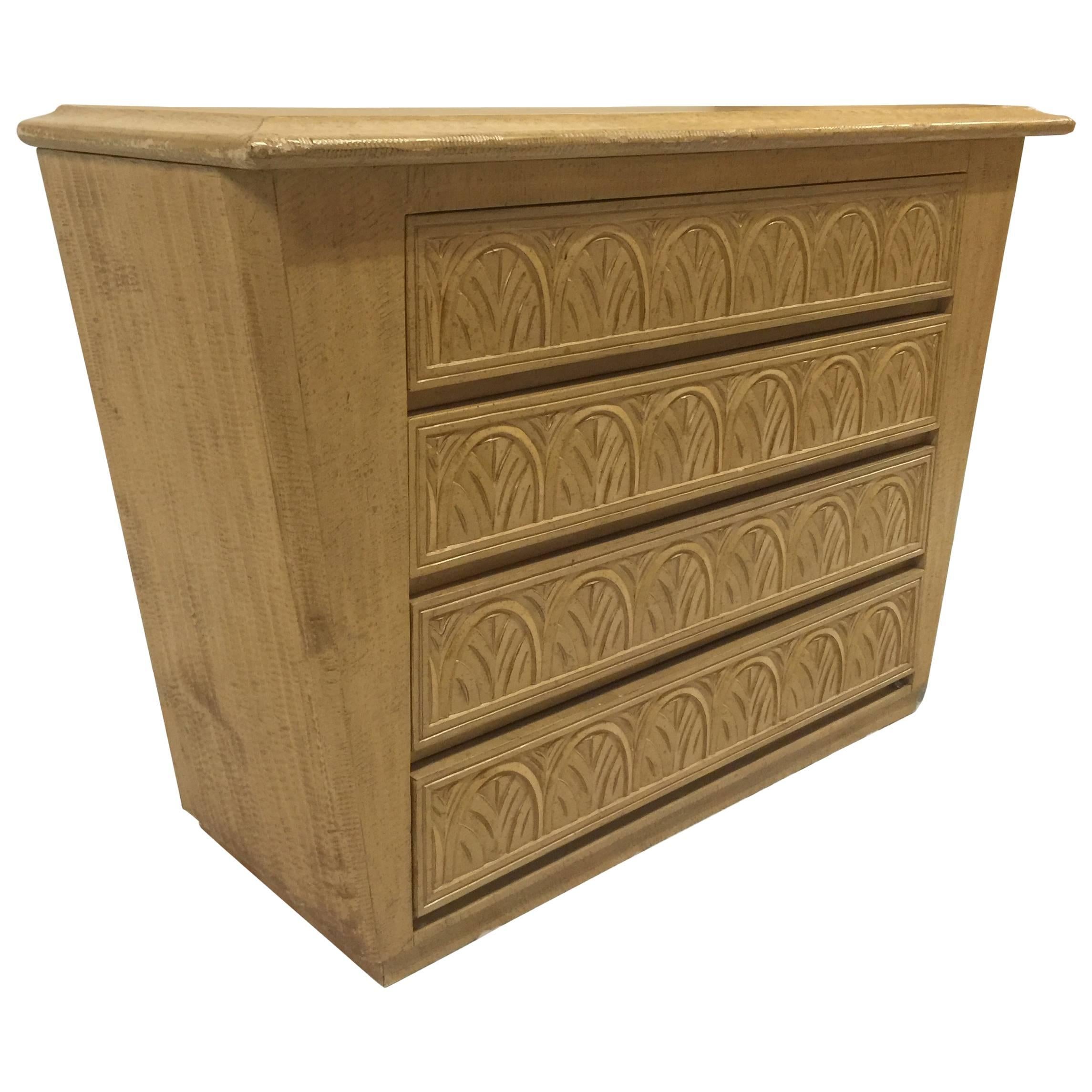 Carved Blond Wood Four-Drawer Chest