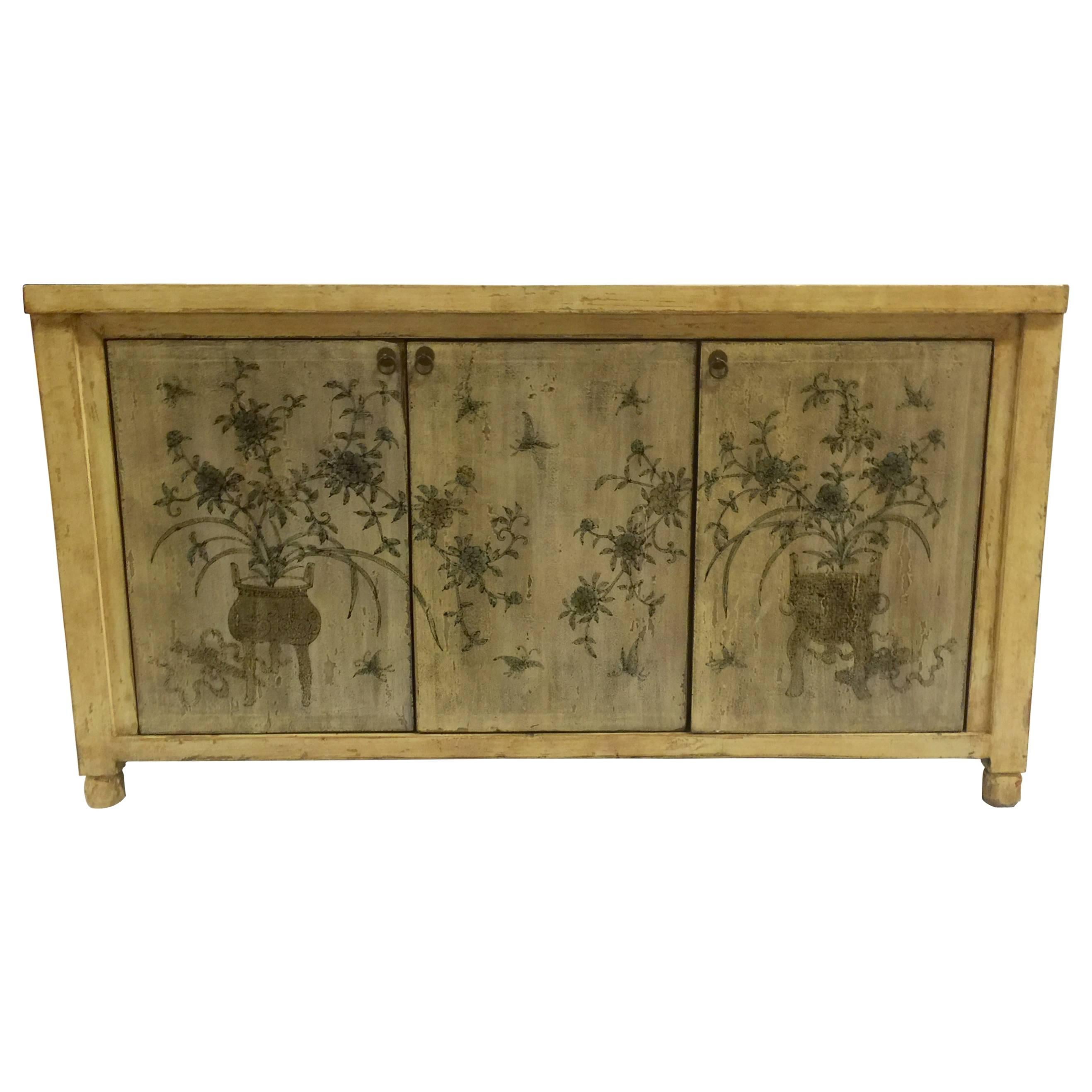 Asian Style Credenza with Floral Motif Hand-Painted Door Panels