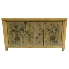 Asian Style Credenza with Floral Motif Hand-Painted Door Panels