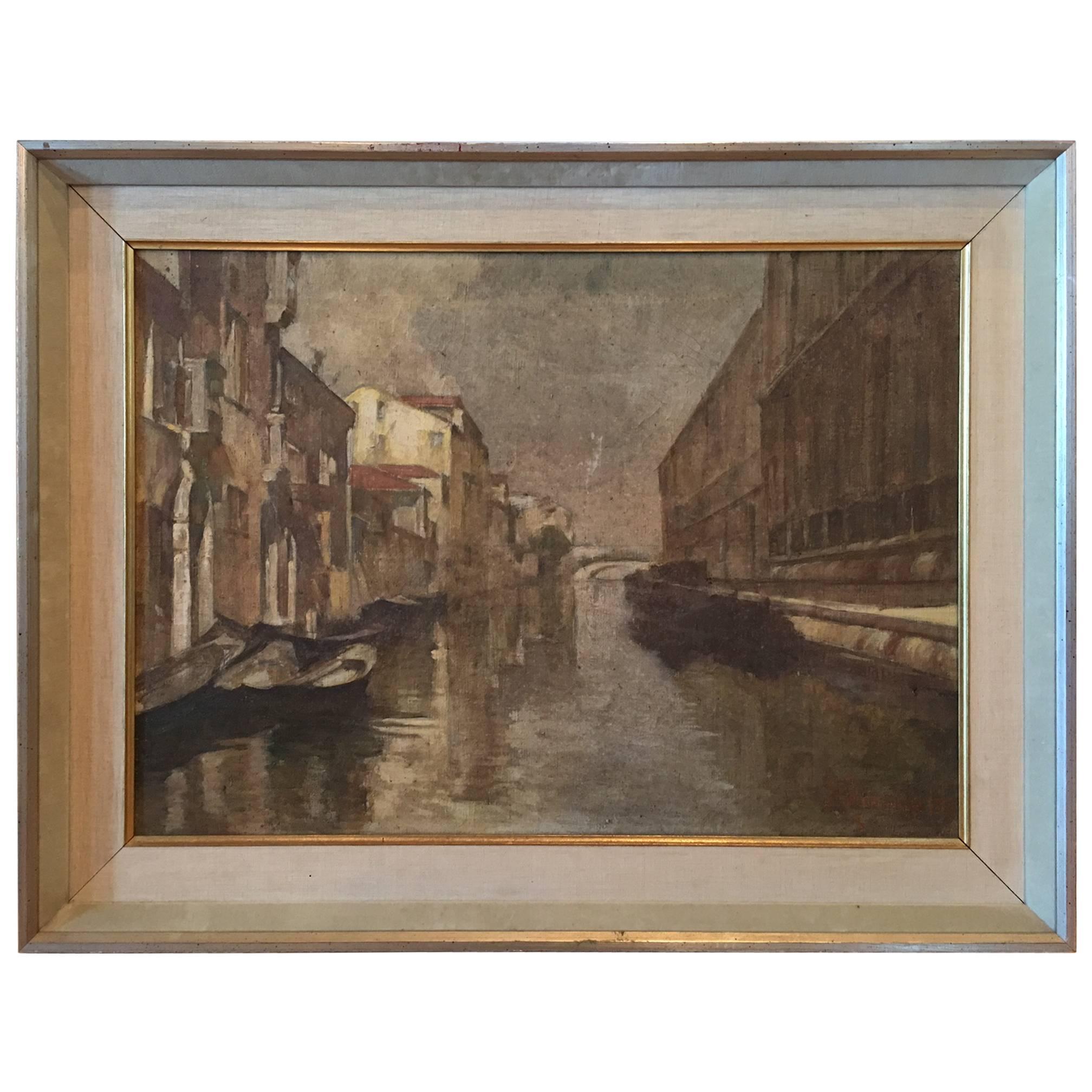 Italian Oil on Canvas Painting of Venetian Canal For Sale