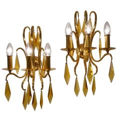 Vintage André Arbus for Veronese Pair of Bronze & Crystal Sconces, 1940s (6 available)