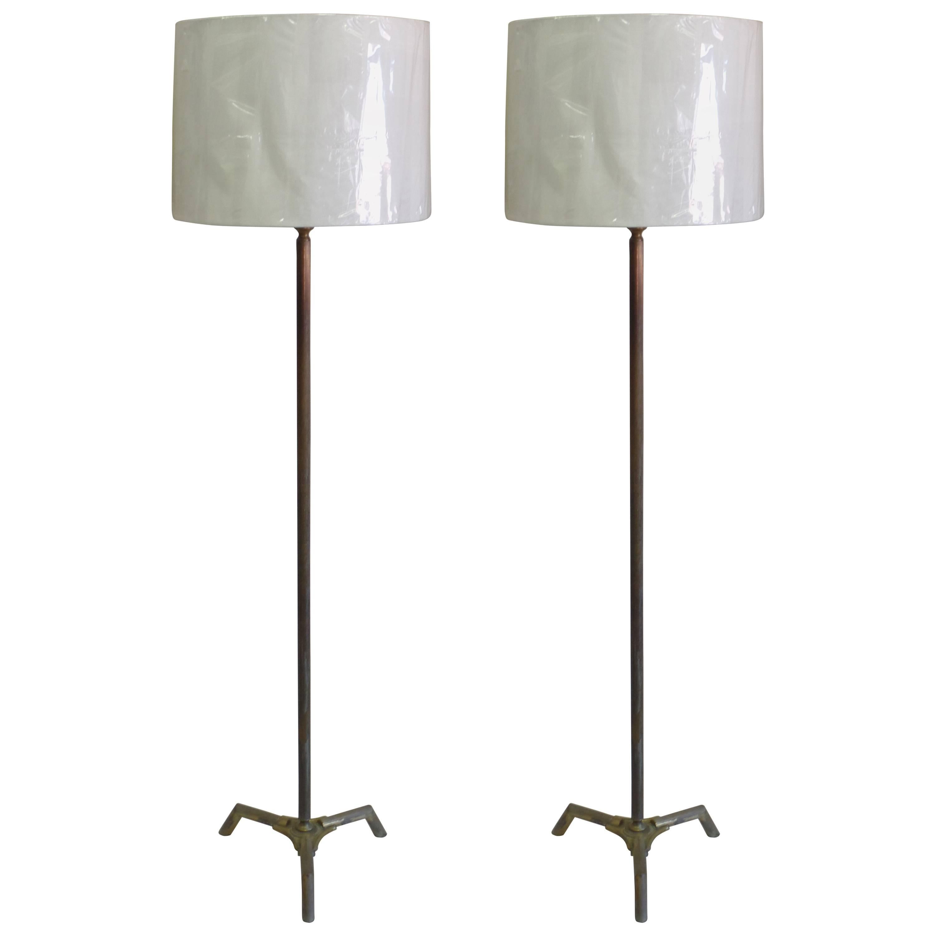 Pair French Midcentury Bronze Fluted Faux Bamboo Floor Lamps by Maison Baguès