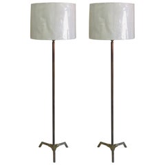 Pair French Mid-Century Bronze Fluted Faux Bamboo Floor Lamps by Maison Baguès