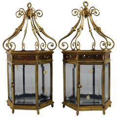 Antique Fine Pair of English Brass Hexagonal Hall Lanterns