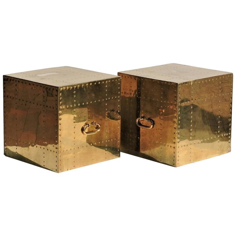 Studded Brass Cube Tables by Sarreid For Sale at 1stDibs