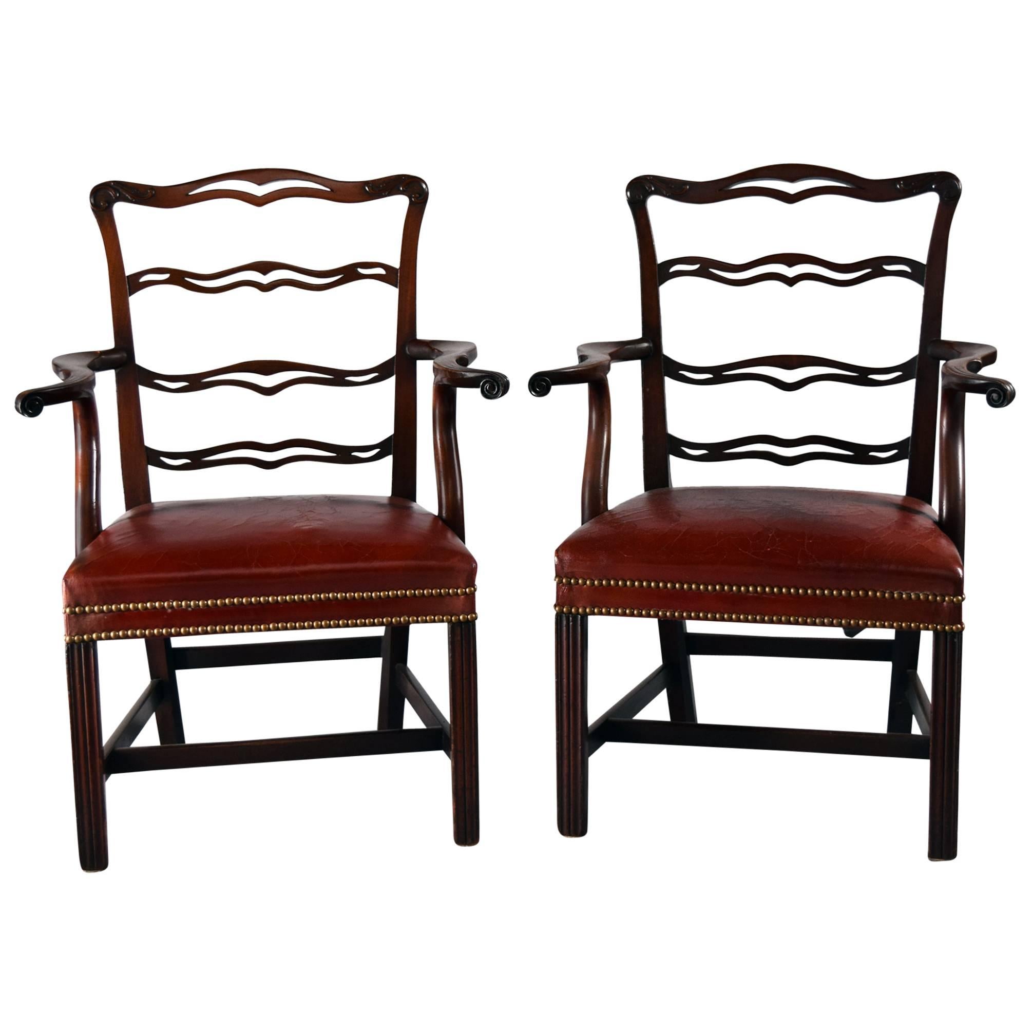 Pair of English George II Mahogany Ladder Back Open Armchairs For Sale
