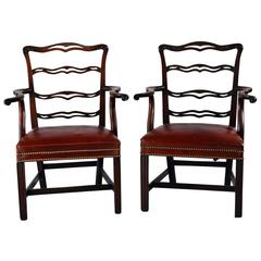 Pair of English George II Mahogany Ladder Back Open Armchairs
