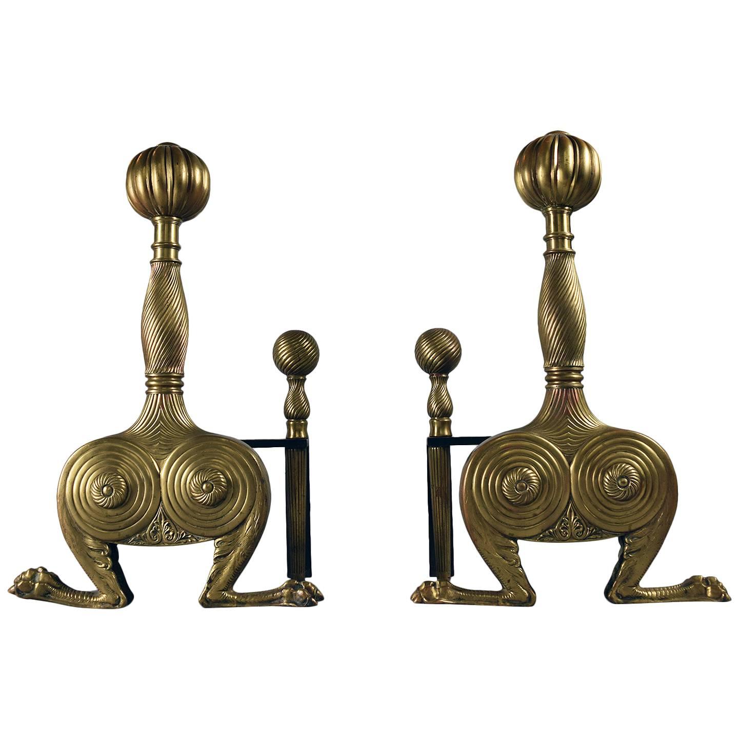 Fantastical Large Pair of English Brass Andirons For Sale