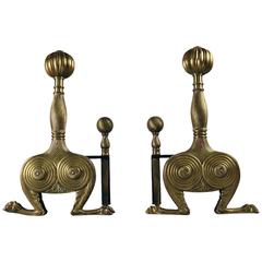 Fantastical Large Pair of English Brass Andirons